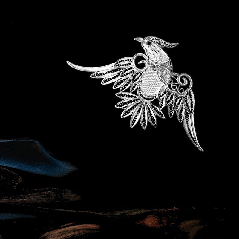 Vintage Plain Silver Filigree Auspicious Bird Phoenix Brooch for Women-Lovesyouforever