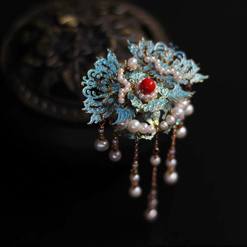Retro Chinese Style Blue Cloisonne Pearl Tassel Hairpin Hanfu Accessory-Lovesyouforever