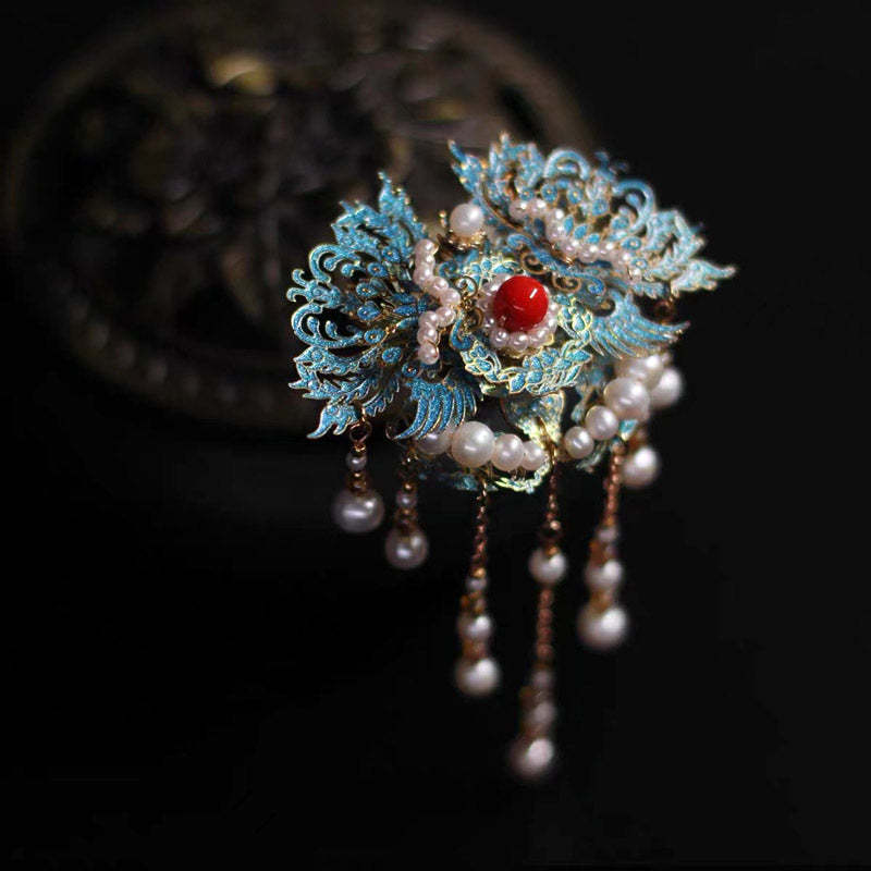 Retro Chinese Style Blue Cloisonne Pearl Tassel Hairpin Hanfu Accessory-Lovesyouforever