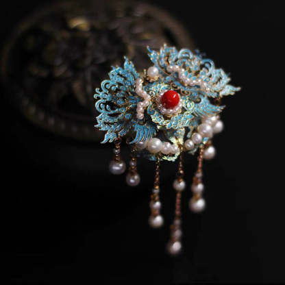 Retro Chinese Style Blue Cloisonne Pearl Tassel Hairpin Hanfu Accessory-Lovesyouforever