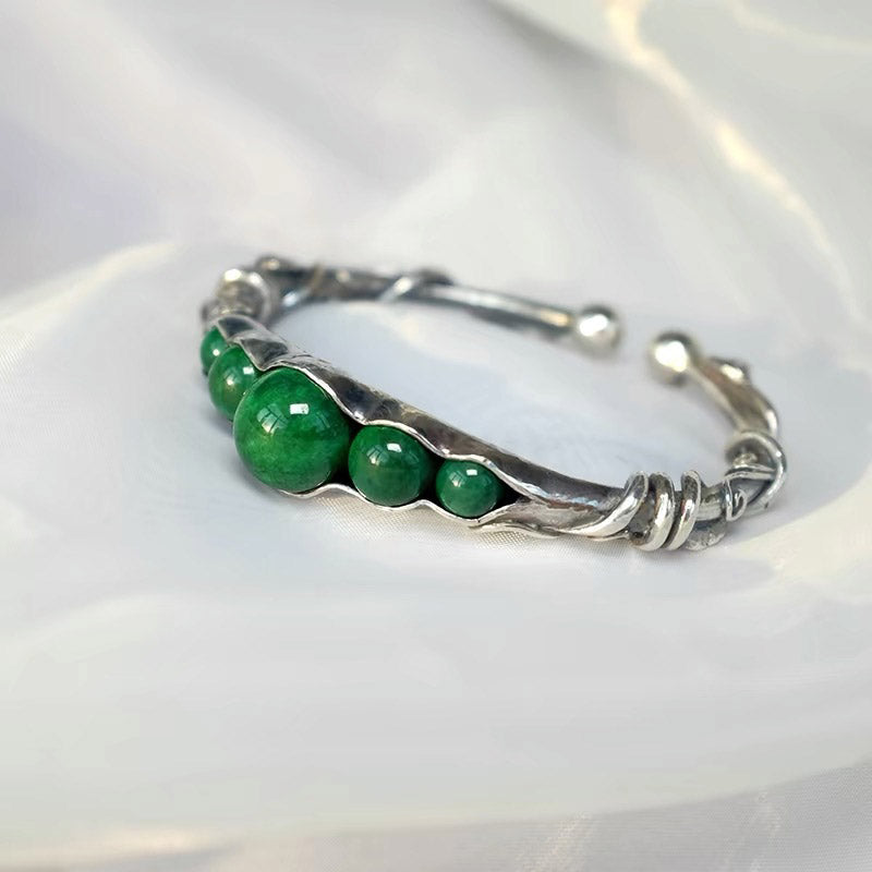 Natural Inspired Handmade 999 Solid Silver Pea Pod Bangle Bracelet with Inlaid Jade-Lovesyouforever