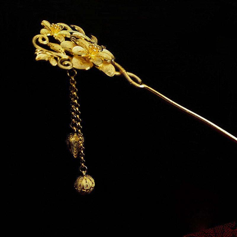 Handcrafted Vintage Chinese Style 999 Sterling Silver Filigree Flowers on the Branch with Butterfly, Flower Buds Tassel Hairpin-Lovesyouforever