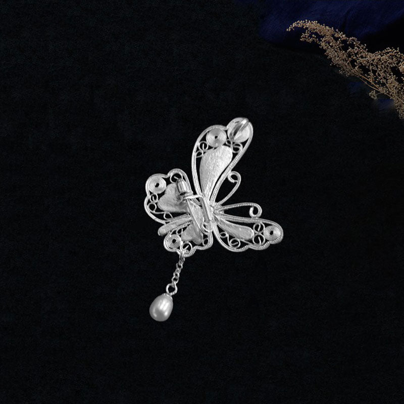 Vintage Cloisonné Silver Filigree Butterfly Inlaid Natural Freshwater Pearl Pendant / Brooch Jewelry Gift-Lovesyouforever