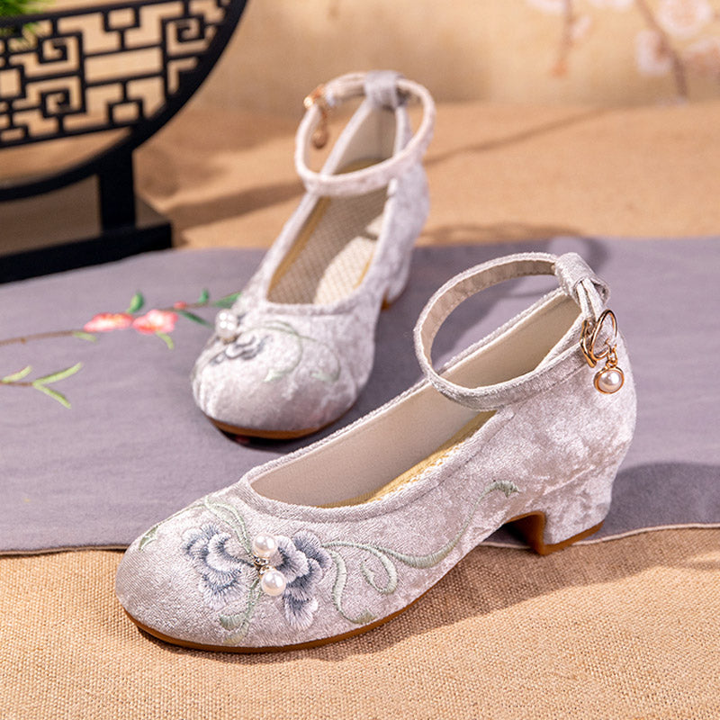 Women's Ankle Strap Mid-Heel Pumps with Embroidery-Lovesyouforever