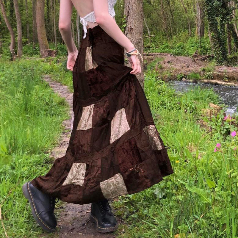 Vintage Velvet Patchwork Retro Tribal Print Skirt: Embrace the Wasteland Fashion Trend-Lovesyouforever