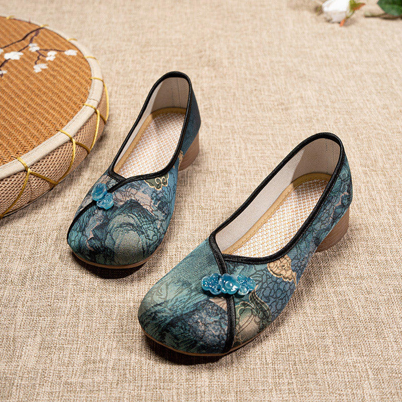 Retro Chinese Print Low Heel Loafers Casual Shoes for Women-Lovesyouforever