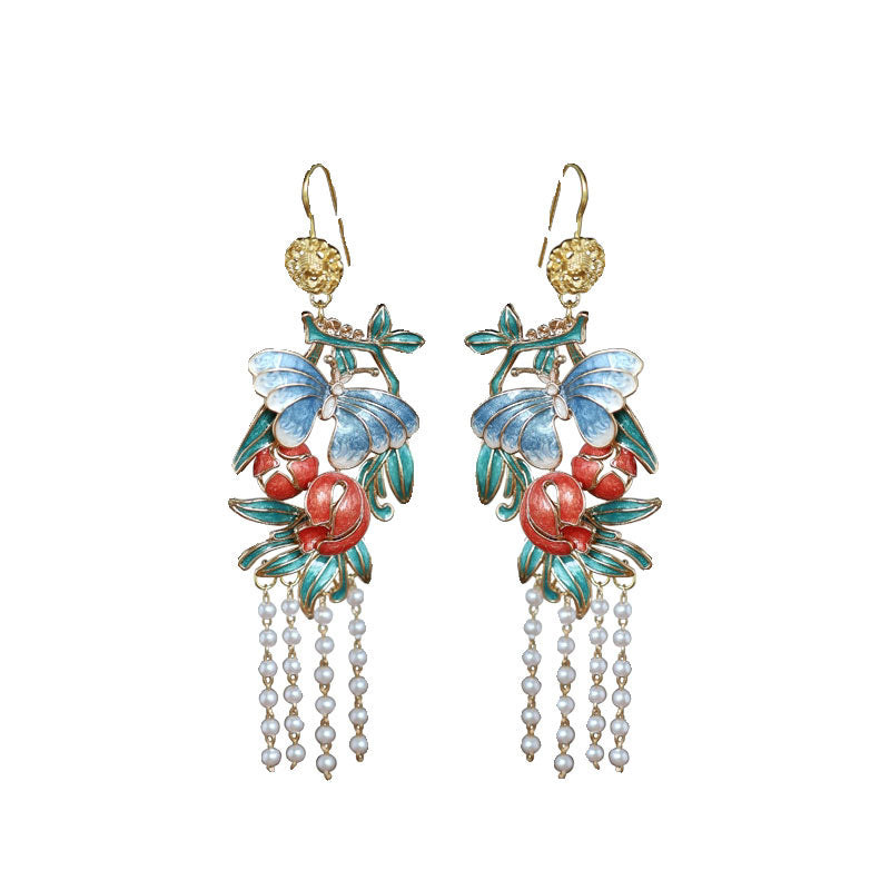 Ancient Chinese Style Butterfly and Flower Artificial Pearl Tassel Earrings-Lovesyouforever
