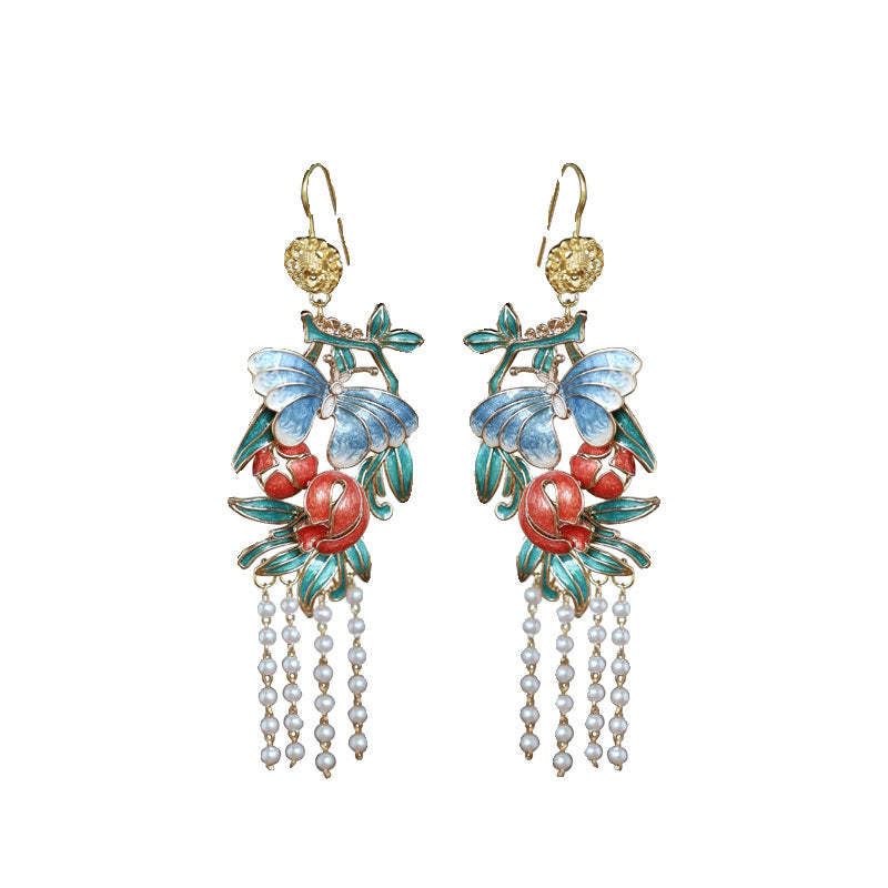 Ancient Chinese Style Butterfly and Flower Artificial Pearl Tassel Earrings-Lovesyouforever