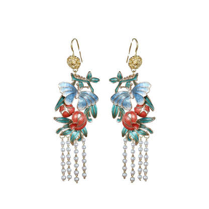 Ancient Chinese Style Butterfly and Flower Artificial Pearl Tassel Earrings-Lovesyouforever