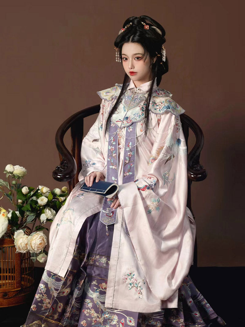 Pink Flowers and Birds Traditional Ancient Chinese Embroidered Hanfu Clothing Mamianqun Hanfu Skirt-Lovesyouforever