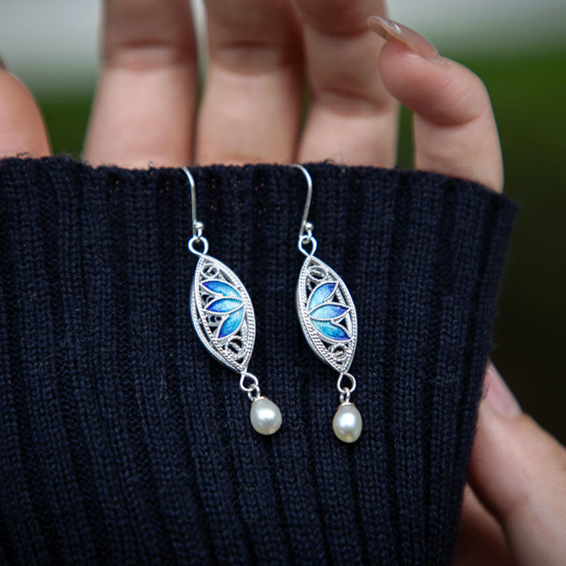 Vintage Cloisonné Silver Filigree Lotus Drop Earrings with Pearl-Lovesyouforever