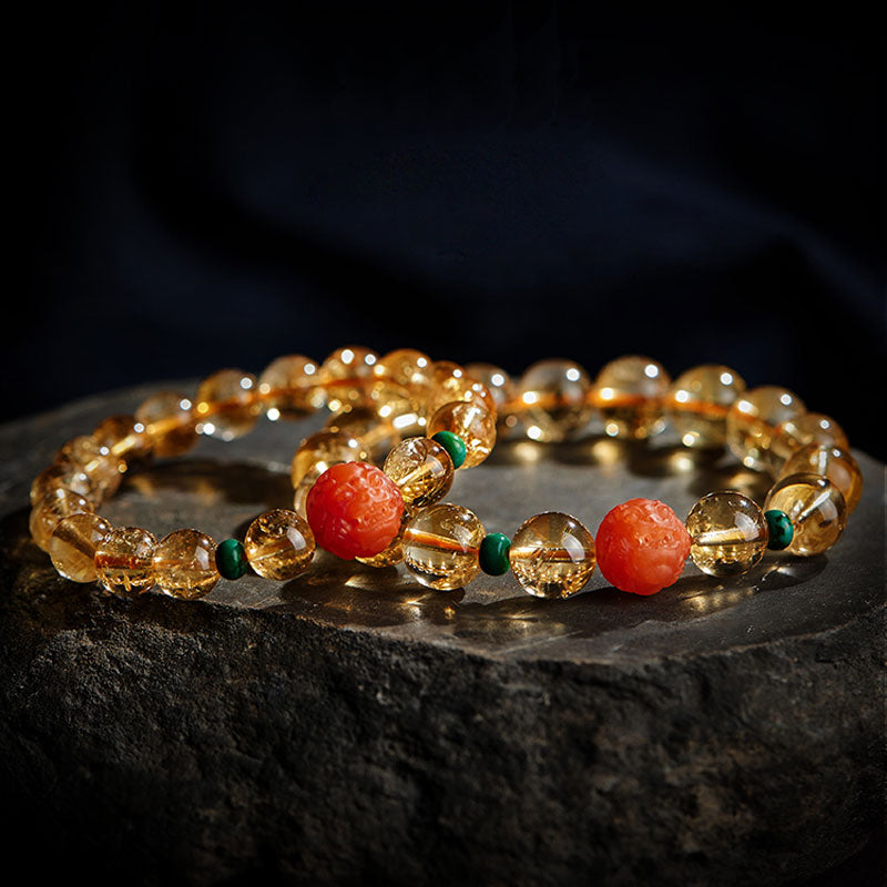 Natural Yellow Citrine Bracelet with South Red Agate Pixiu and Turquoise Beads-Lovesyouforever