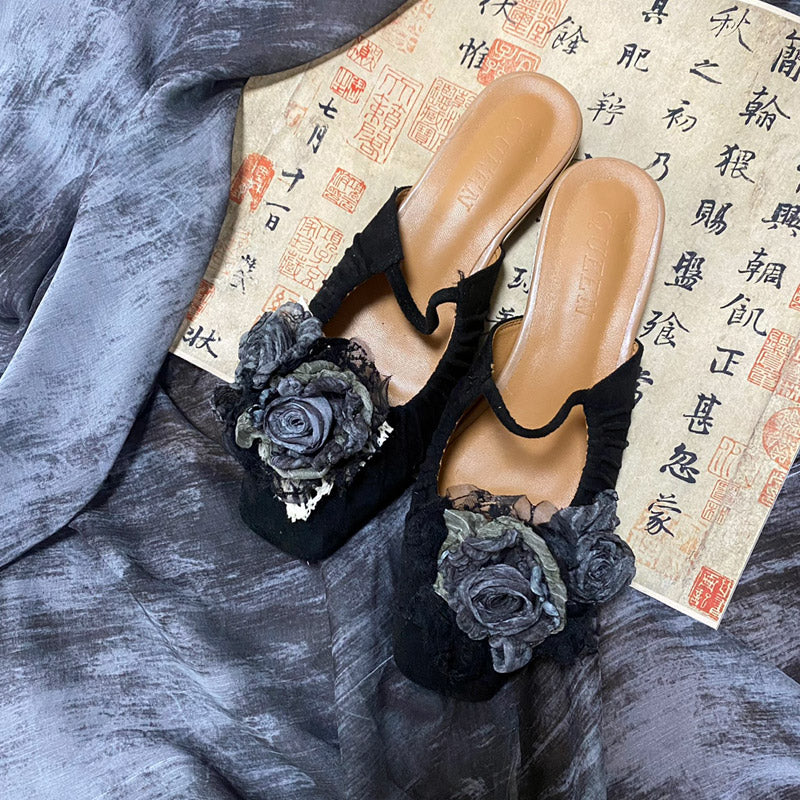 Handmade Vintage Chinese Style Cloth Art Elegant Wabi-Sabi Dried Rose Flower Flat Shoes-Lovesyouforever