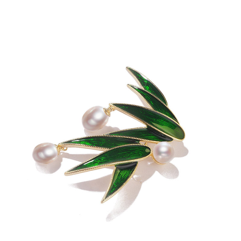 Bamboo Leaves in the Rain - Classic Bamboo Leaf Brooch Pin Adorned with Freshwater Pearls-Lovesyouforever