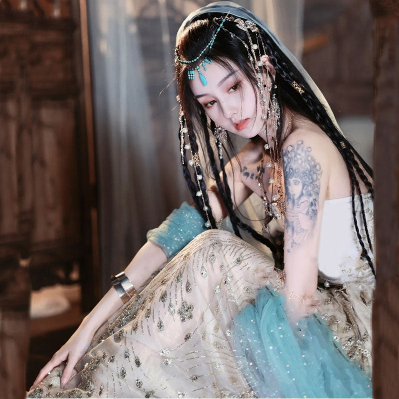 Elegant Color Dunhuang Feitian Cosplay Western Region Hanfu Costume Four-Piece Set-Lovesyouforever