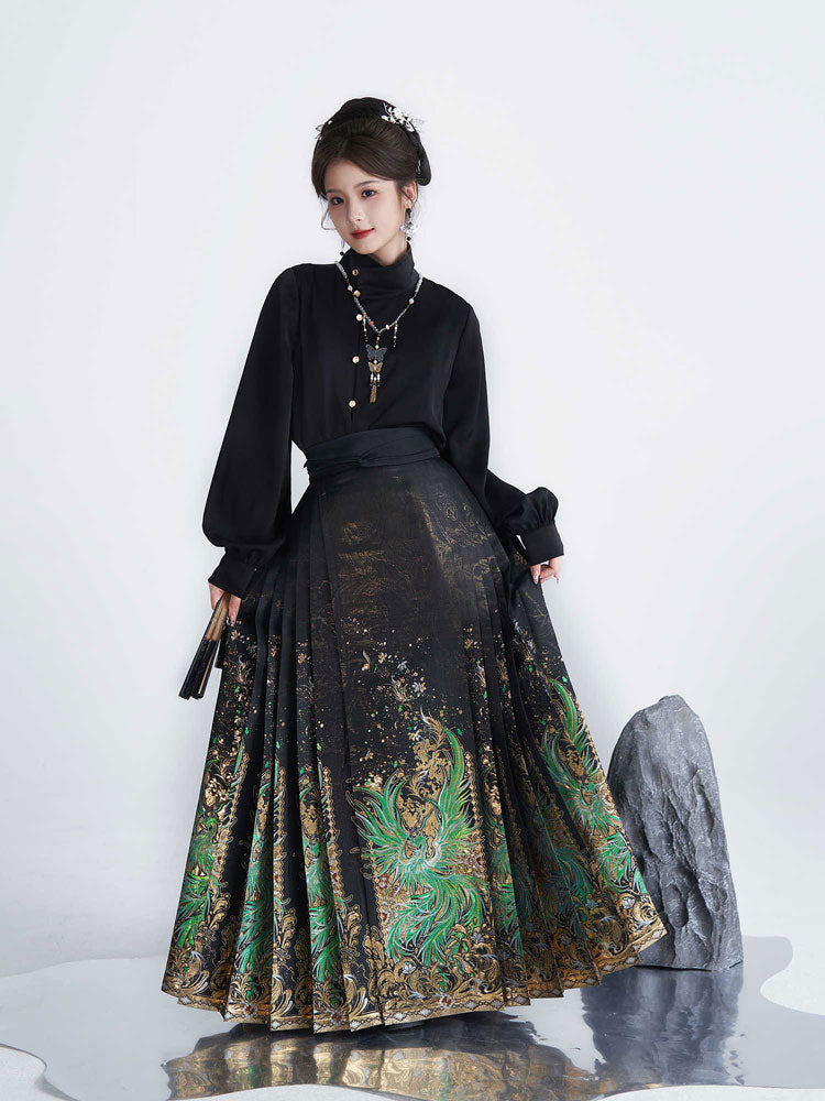 Chinese 'Shan Hai Jing' Qingluan Divine Bird Golden Weave Black Mamianqun Skirt-Lovesyouforever