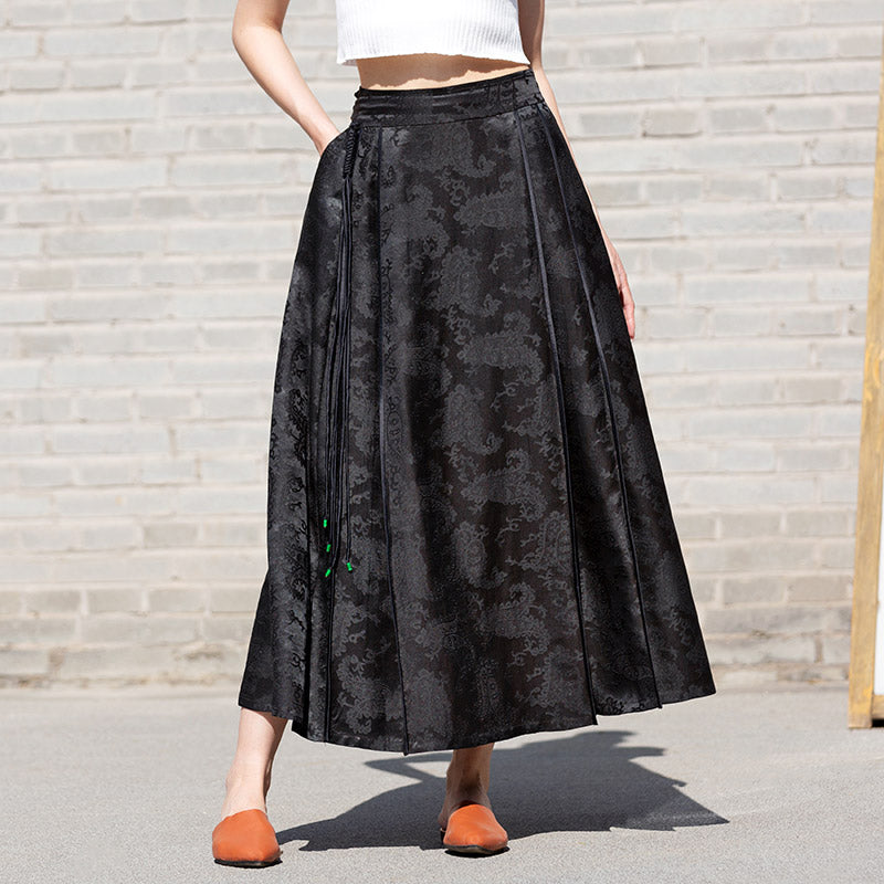 New Chinese-style Black Vintage Pattern Mulberry Silk Midi Skirt Mamianqun Skirt-Lovesyouforever