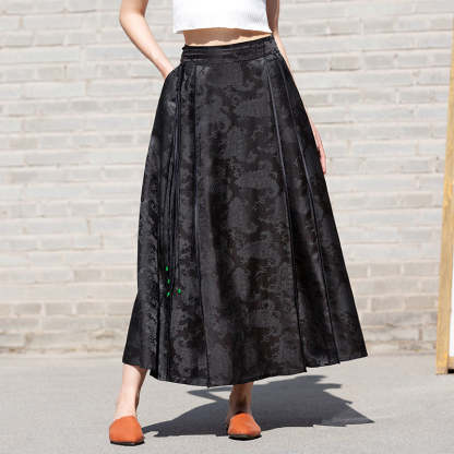New Chinese-style Black Vintage Pattern Mulberry Silk Midi Skirt Mamianqun Skirt-Lovesyouforever