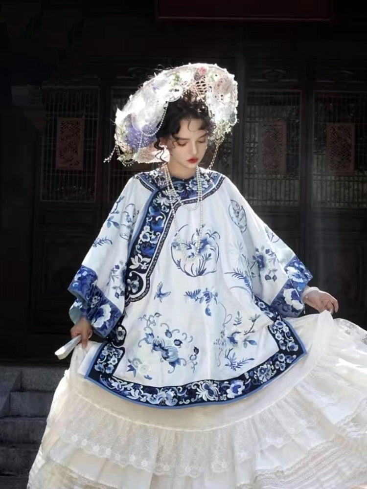 Vintage Han Elements Blue and White Porcelain Printed Jacquard Top for Women-Lovesyouforever