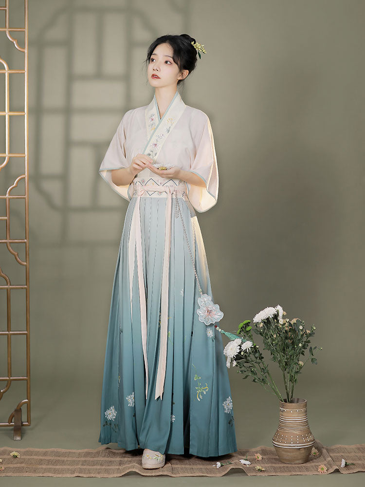 Graceful Vintage Ombre Blue Embroidered Flower Modern Hanfu Skirt Inspired by the Song Dynasty-Lovesyouforever