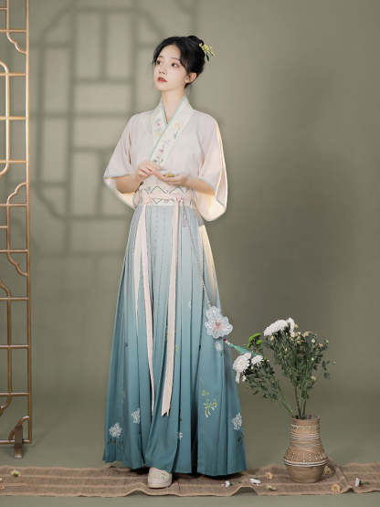 Graceful Vintage Ombre Blue Embroidered Flower Modern Hanfu Skirt Inspired by the Song Dynasty-Lovesyouforever
