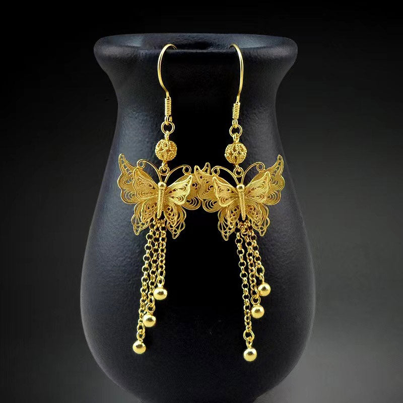 Handcrafted Vintage 999 Sterling Silver Double Butterfly Tassel Filigree Earrings-Lovesyouforever