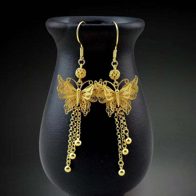 Handcrafted Vintage 999 Sterling Silver Double Butterfly Tassel Filigree Earrings-Lovesyouforever