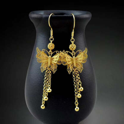 Handcrafted Vintage 999 Sterling Silver Double Butterfly Tassel Filigree Earrings-Lovesyouforever