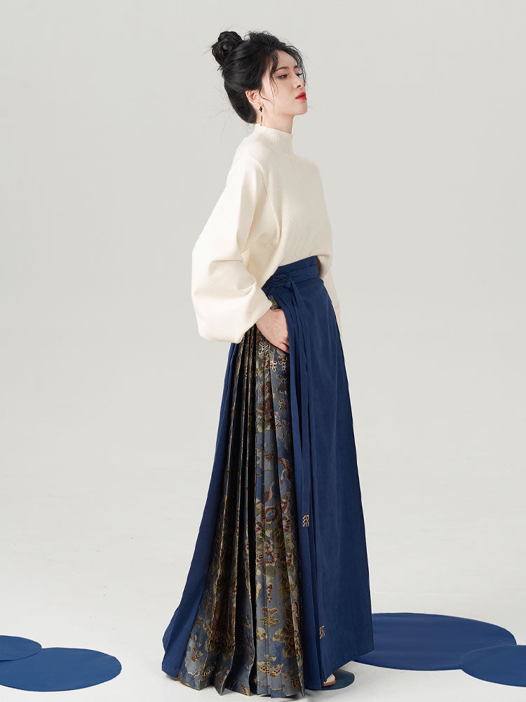 Vintage Chinese Blue Tang Dynasty Floral Tree and Bird Pattern Hanfu Mamianqun Skirt-Lovesyouforever