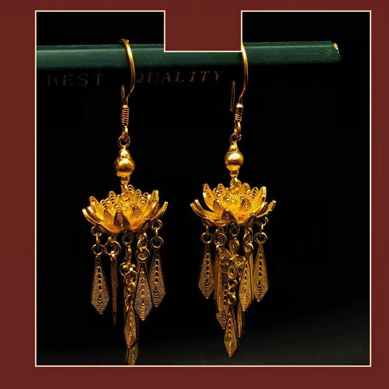 Handcrafted 999 Sterling Silver Women's Vintage  Flower Lotus Tassel Filigree Earrings-Lovesyouforever