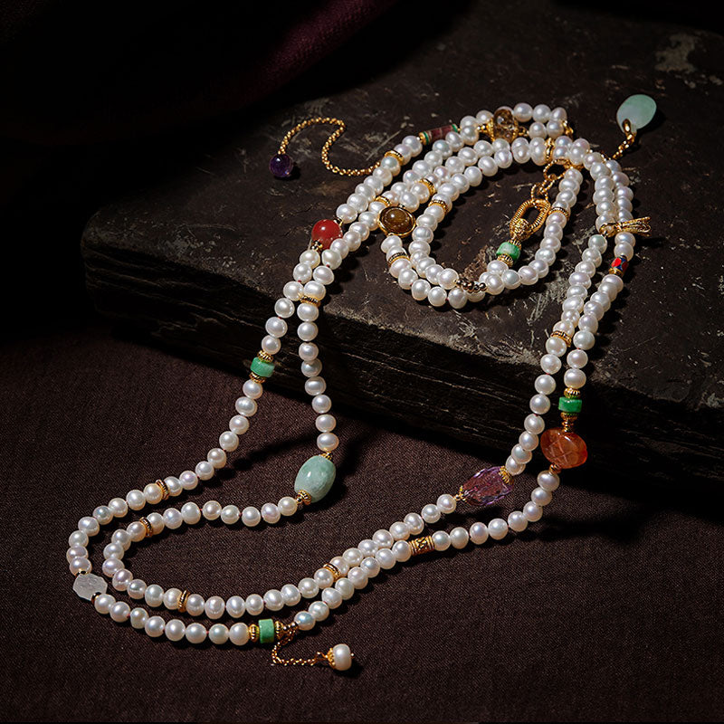 Exclusive Design Chinese Style Vintage Pearl Necklace with Fine Jade Tourmaline Gems-Lovesyouforever