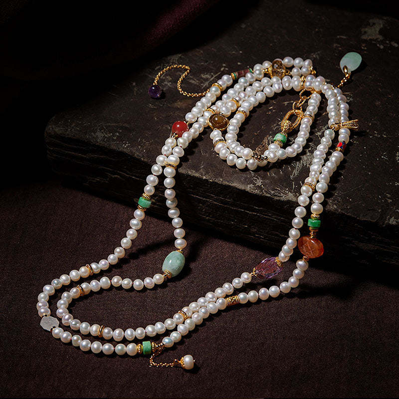 Exclusive Design Chinese Style Vintage Pearl Necklace with Fine Jade Tourmaline Gems-Lovesyouforever