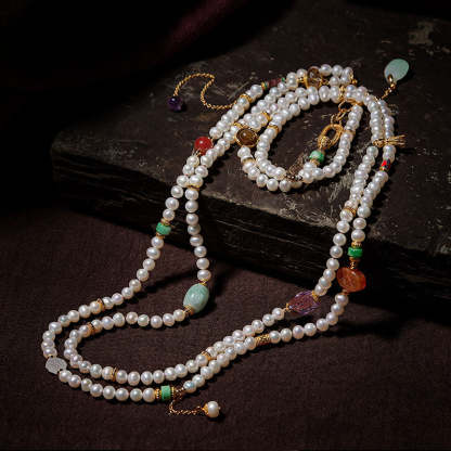 Exclusive Design Chinese Style Vintage Pearl Necklace with Fine Jade Tourmaline Gems-Lovesyouforever