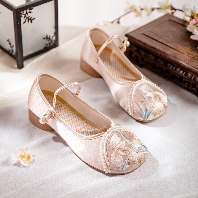 Orchid Flower Embroidery Ankle Strap Low Heel Shoes-Lovesyouforever