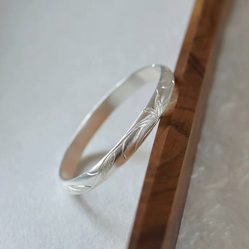 Hand Carved Vintage Chinese Bamboo Leaf Pattern Pure Solid Silver Bangle Bracelet Jewelry Gift-Lovesyouforever