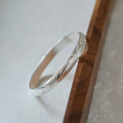 Hand Carved Vintage Chinese Bamboo Leaf Pattern Pure Solid Silver Bangle Bracelet Jewelry Gift-Lovesyouforever