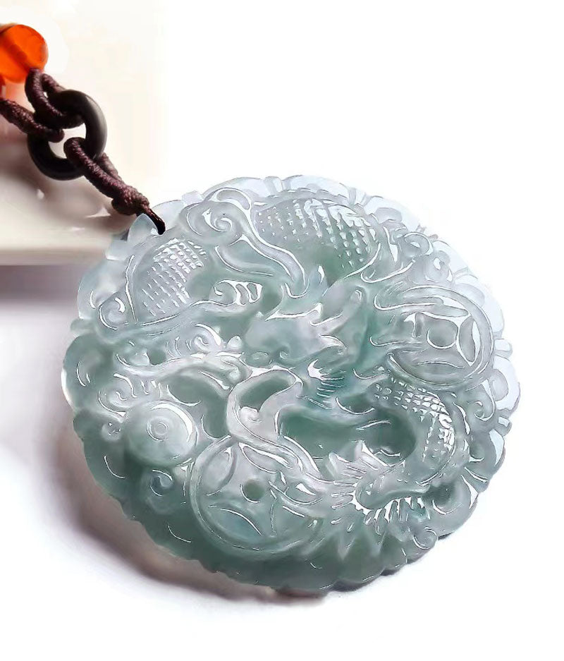 Hand Carved Round Natural Ice Jadeite Jade Chinese Dragon Pendant Necklace-Lovesyouforever