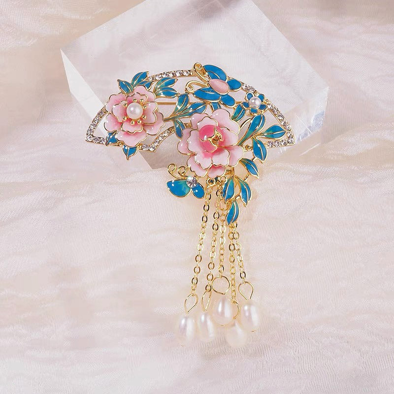 Chinese Cloisonné Pink Peony Fan-Shaped Brooch with Freshwater Pearl Tassel-Lovesyouforever