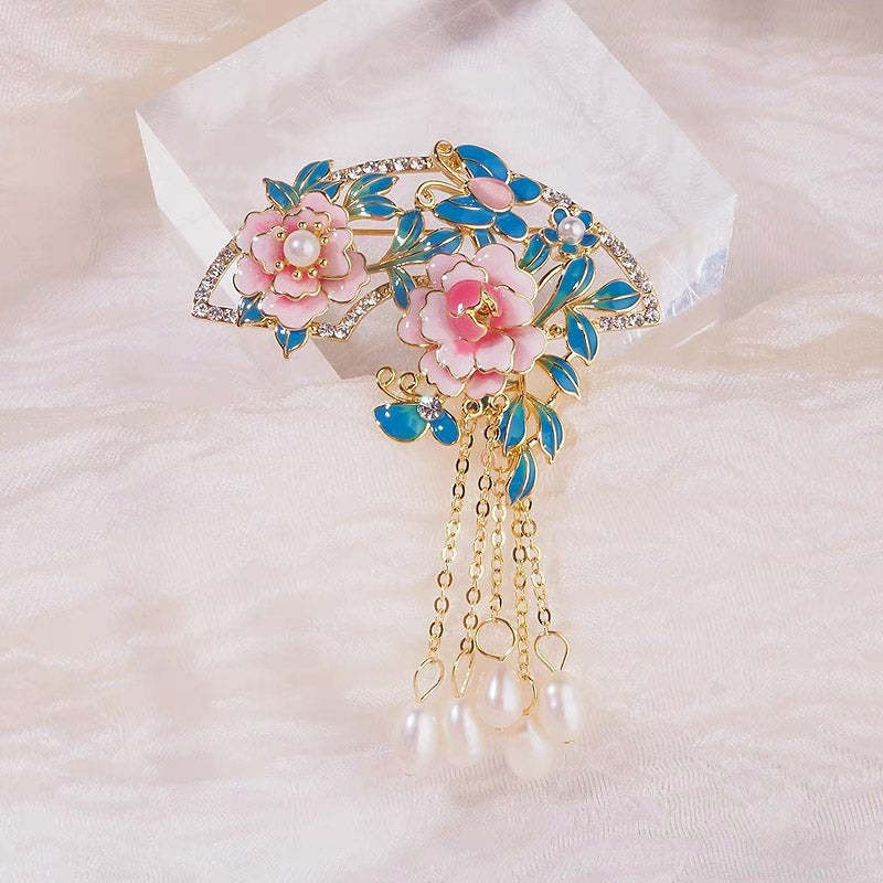 Chinese Cloisonné Pink Peony Fan-Shaped Brooch with Freshwater Pearl Tassel-Lovesyouforever