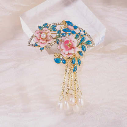 Chinese Cloisonné Pink Peony Fan-Shaped Brooch with Freshwater Pearl Tassel-Lovesyouforever