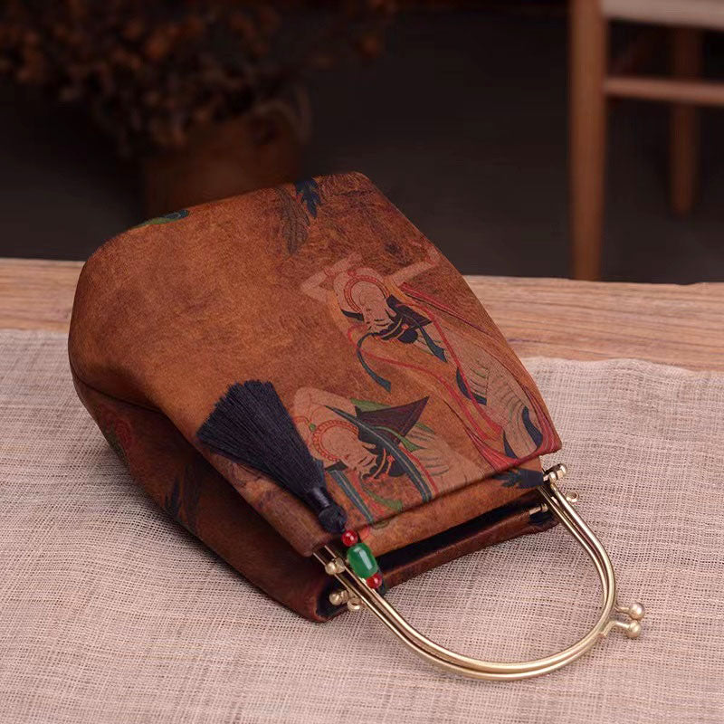 Vintage Chinese Style Retro Brown Feitian Flying Apsaras Silk Handbag with Tassel Charm-Lovesyouforever