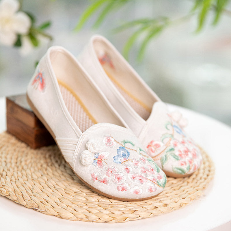 Delicate Butterfly and Pink Peach Blossom Embroidered Shoes-Lovesyouforever