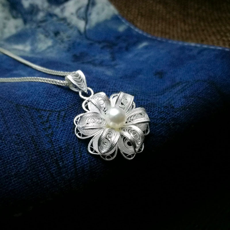 Handcrafted Silver Filigree Inlaid Natural Freshwater Pearl Pendant Necklace-Lovesyouforever