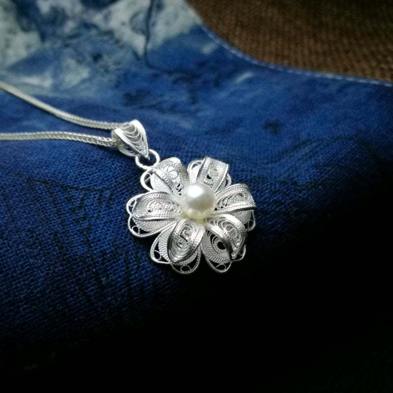 Handcrafted Silver Filigree Inlaid Natural Freshwater Pearl Pendant Necklace-Lovesyouforever