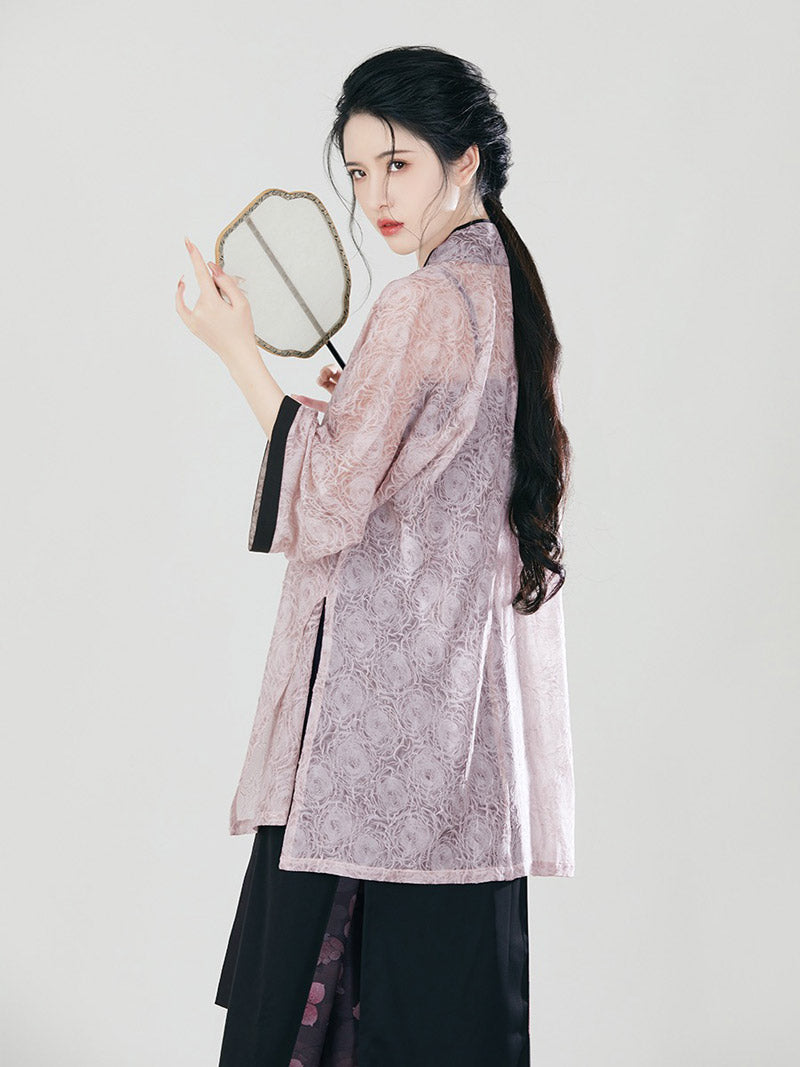 Song Morden Chinese Style Peach Blossom Floral Print Skirt Set-Lovesyouforever