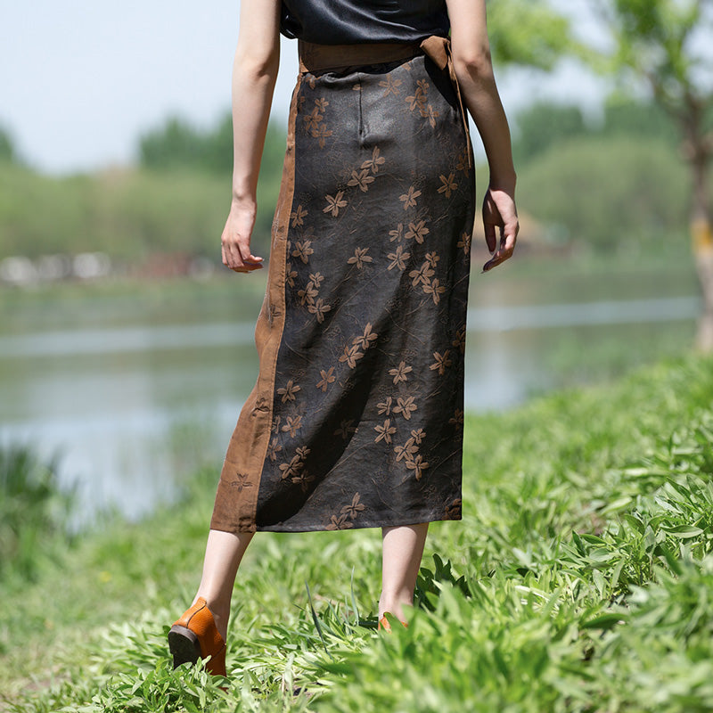 Exclusive Retro Chinese-style Silk Fragrant Cloud Gauze Midi Skirt Mulberry Silk Belted Pencil Skirt-Lovesyouforever