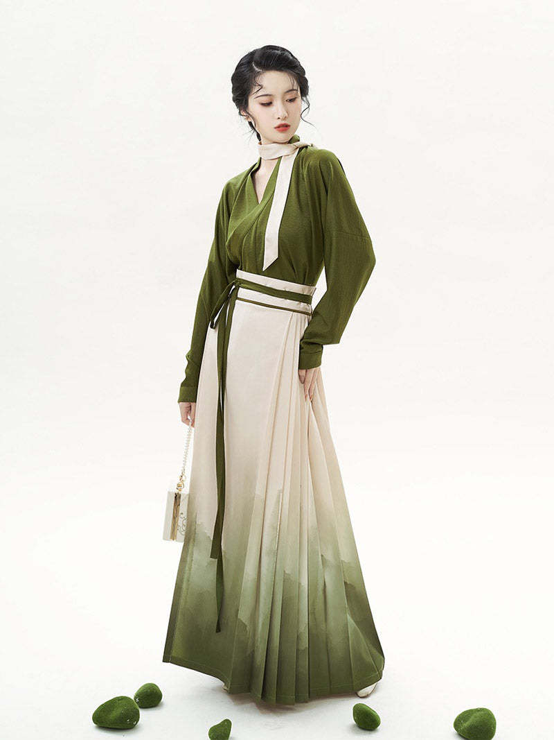 Matcha Green Chinese Style Artistic Landscape Painting Morden Hanfu Set Mamianqun Hanfu Skirt-Lovesyouforever