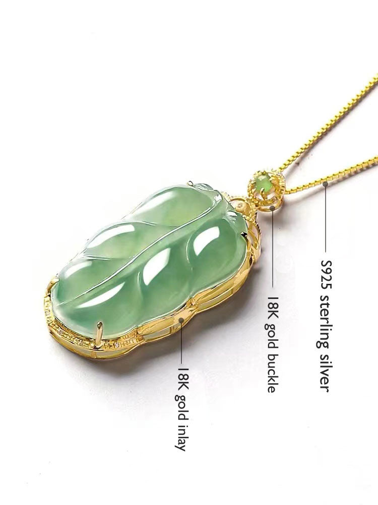 18K Gold Inlay Natural Ice Jadeite Jade Chinese「Jin Zhi Yu Ye」Golden Branch and Jade Leave Pendant Necklace-Lovesyouforever
