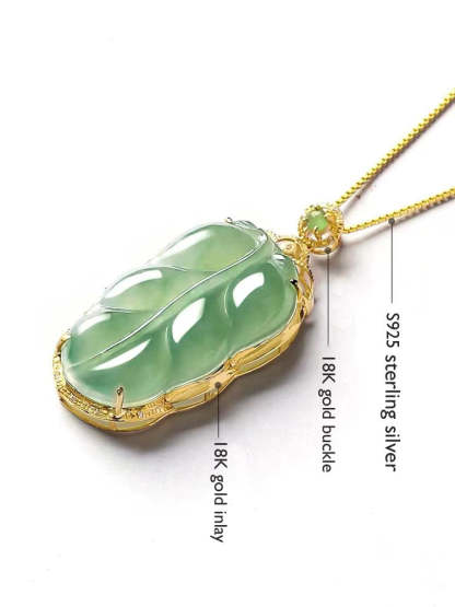 18K Gold Inlay Natural Ice Jadeite Jade Chinese「Jin Zhi Yu Ye」Golden Branch and Jade Leave Pendant Necklace-Lovesyouforever