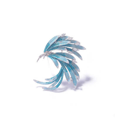 Chinese Style Vintage Enamel Inlaid Zircon Blue Gradient Phoenix Tail Brooch-Lovesyouforever